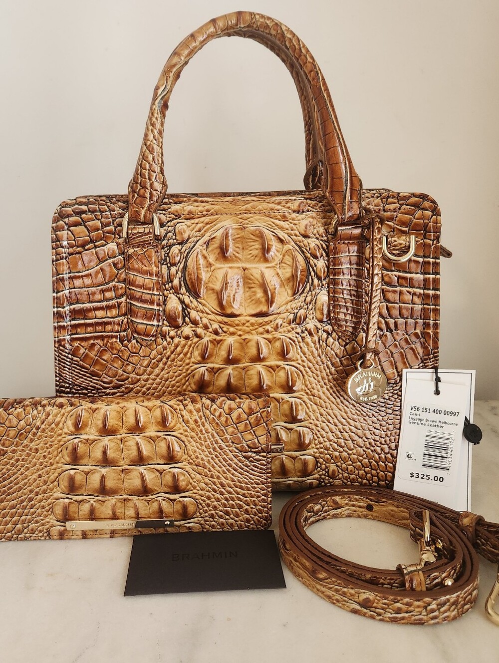 Brahmin Cami Luggage Brown Shoulder Bag Croc-Embossed Leather Satchel & Wallet - Picture 9 of 12